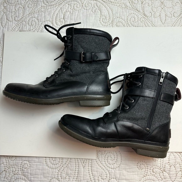 UGG black leather and felt lace-up winter boots sz 10 - Picture 2 of 8